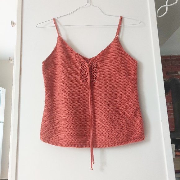 Tops - NWT Coral Pink Knit Crochet V Neck Tank Top S